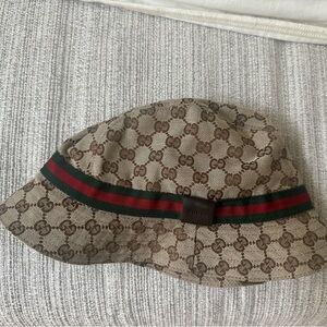 Gucci Beige/Tan Monogram Bucket Hat with Green & Red Stripe